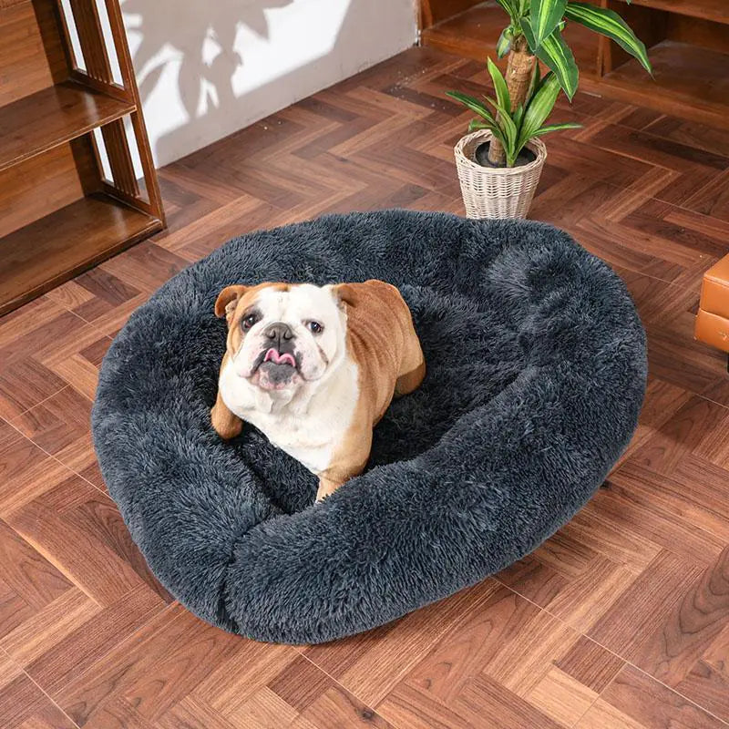 Round Plush Dog Bed - Cozy, Fluffy, Anti-Anxiety Cushion